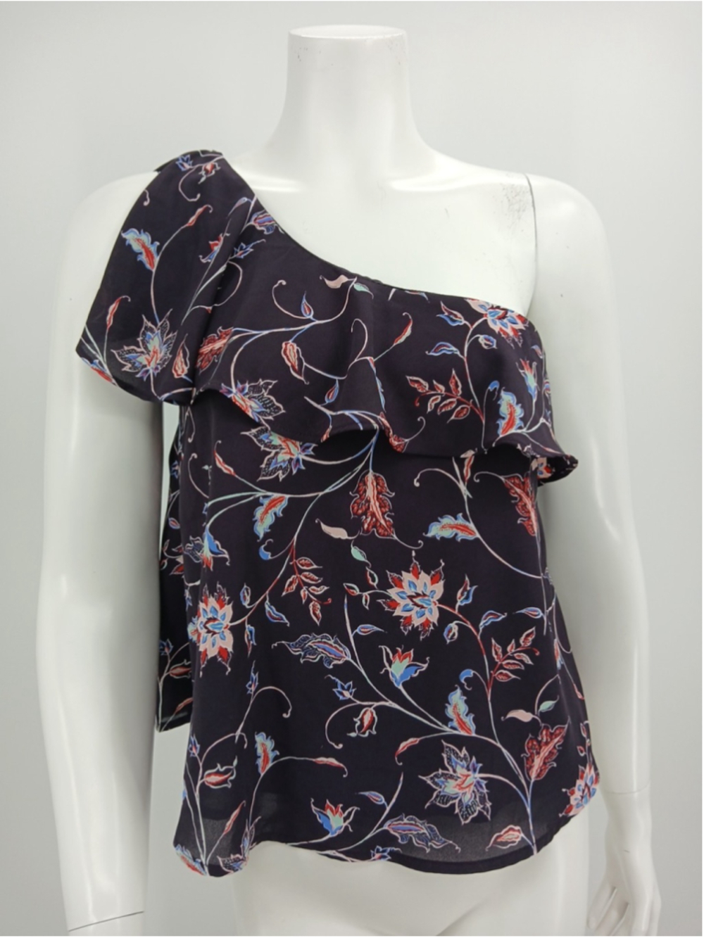 ASTR The Label Womens Blouse One Shoulder Ruffle Floral Lined Plum Multi XS
